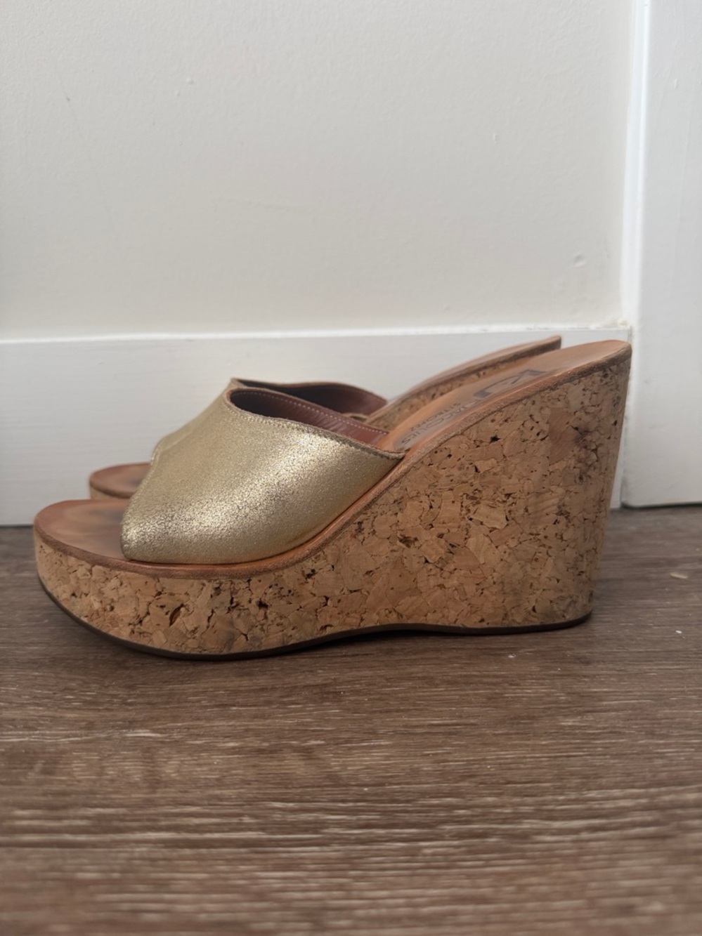 K jacques st tropez gold wedge platform slides cork heel size 39 / 8.5 - Picture 5 of 10